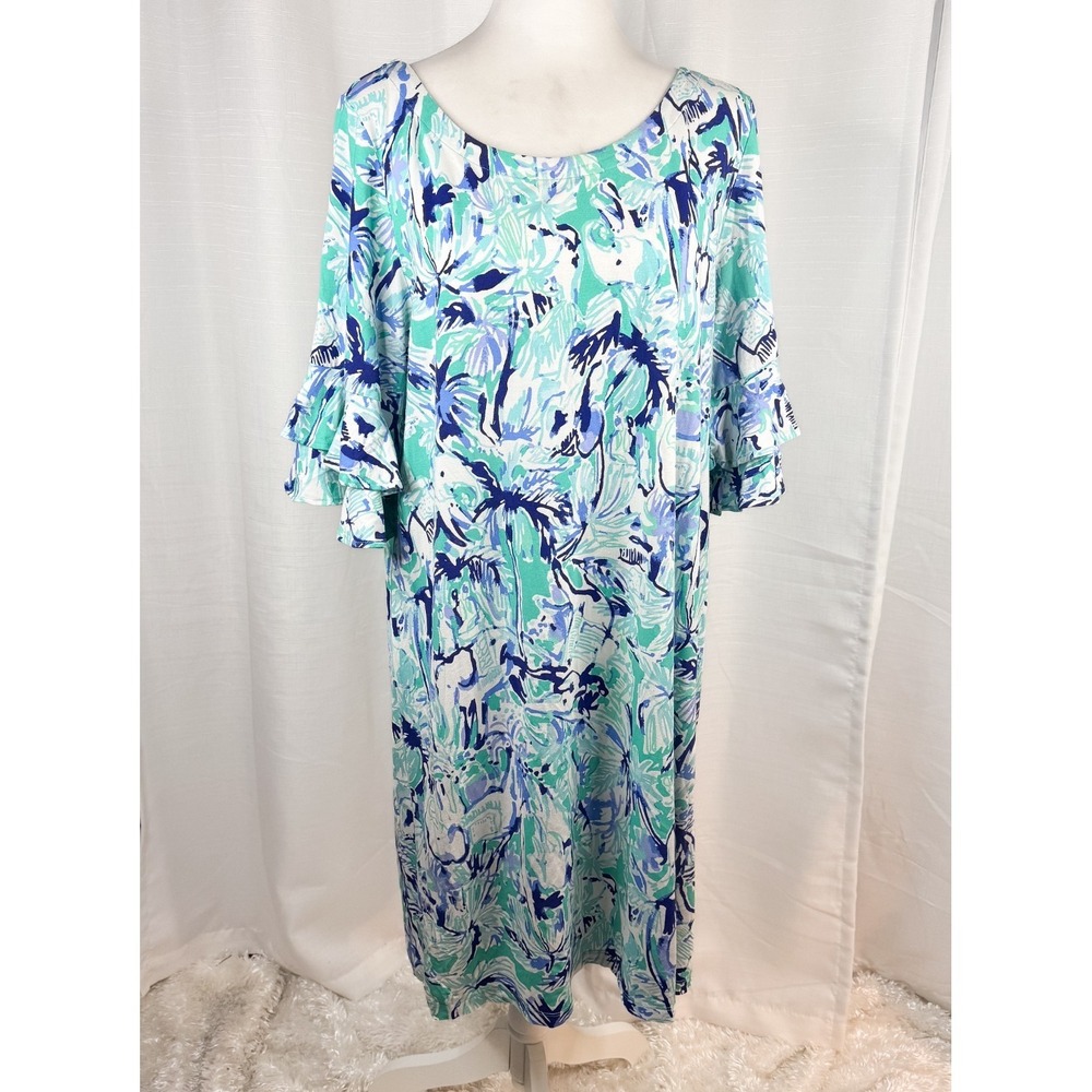 Lilly Pulitzer XL Shift Dress Blue Green Tropical Print Ruffle Sleeve